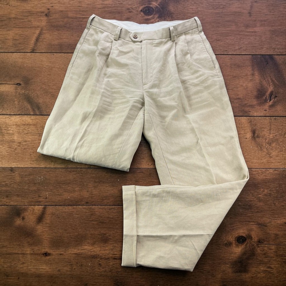 Jos A Bank Travelers Collection Mens 33x30 Beige 100% Linen Pleated Pants Cuff